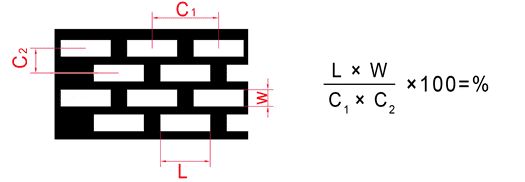 a plan of slot perforated sheet with staggered square end slots and its open area Calculator